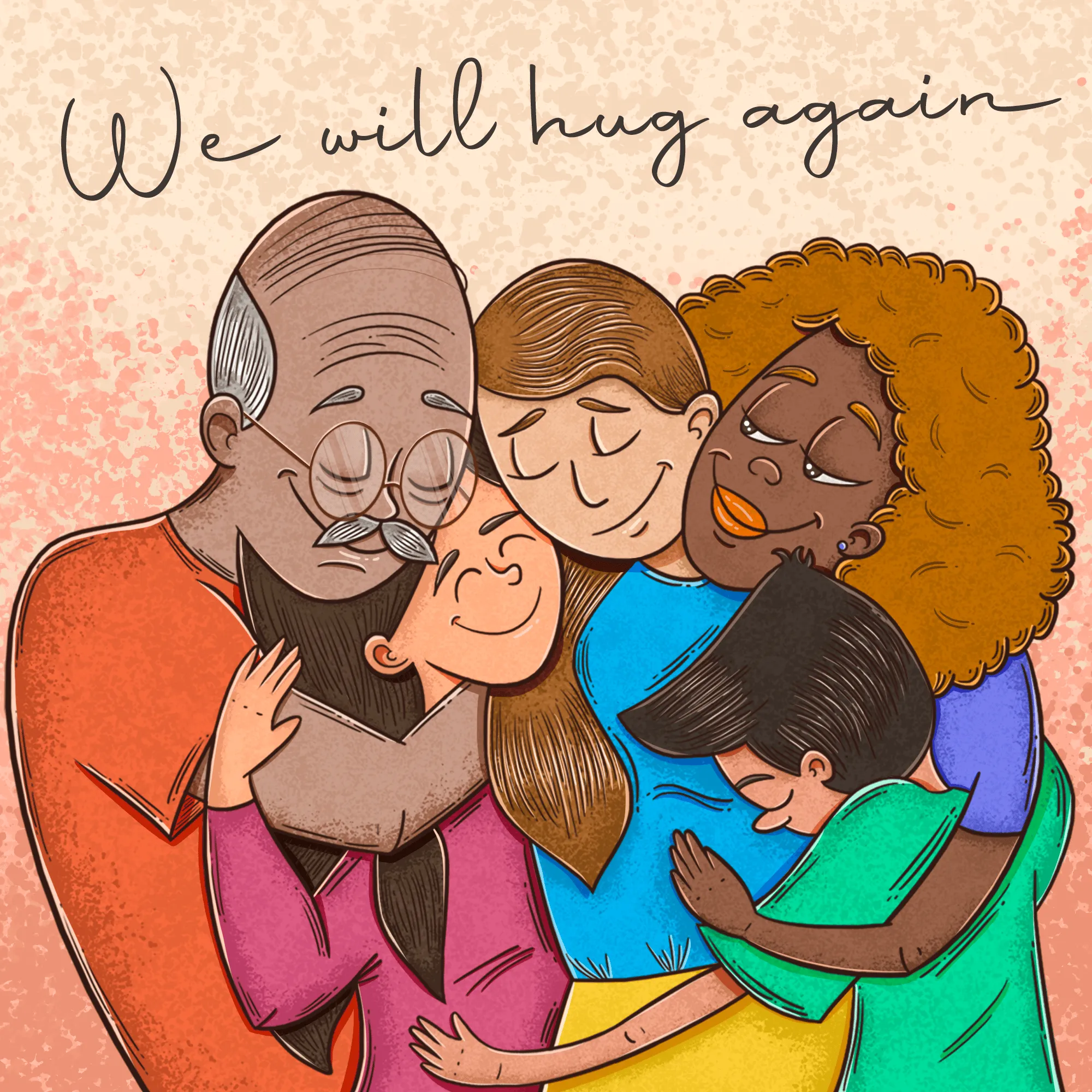 An illustration of a family of different ages hugging, eyes closed and smiling.
